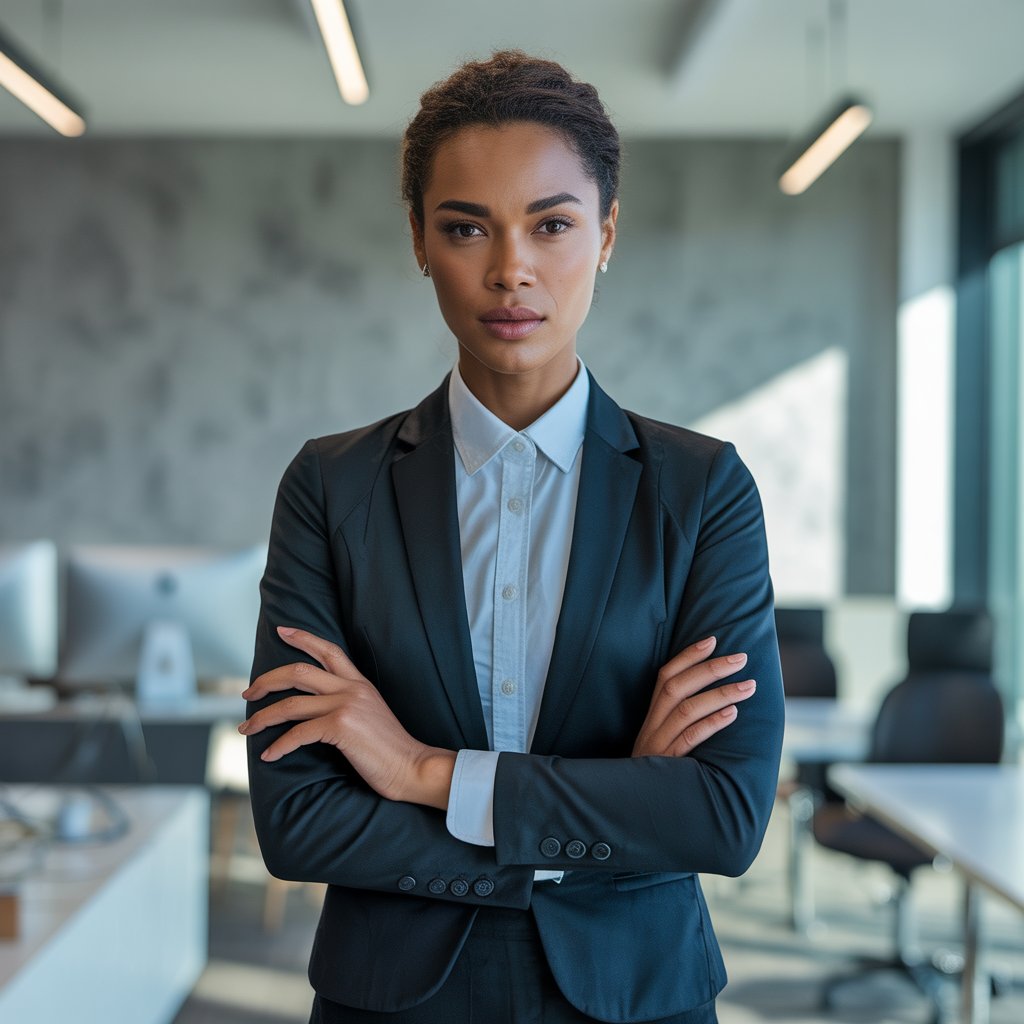 A confident person wearing a structured outfit made of stiff fabrics standing in a modern office environment.
