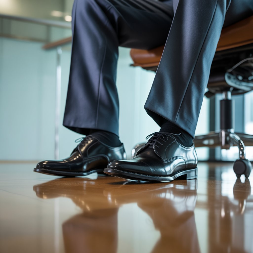 Close-up of a person sitting with perfectly polished black leather dress shoes on a wooden floor in an office setting.