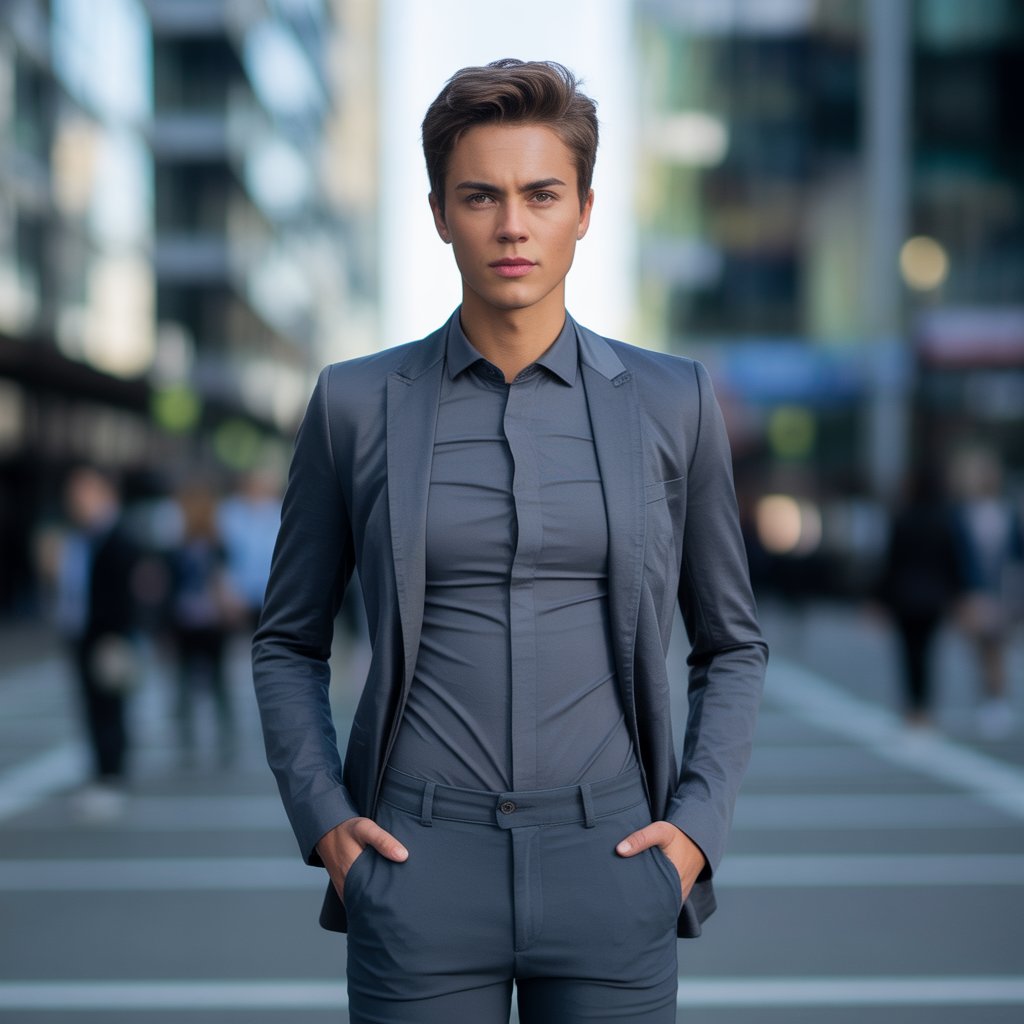 A person standing outdoors in tight-fitting clothes with a serious expression.