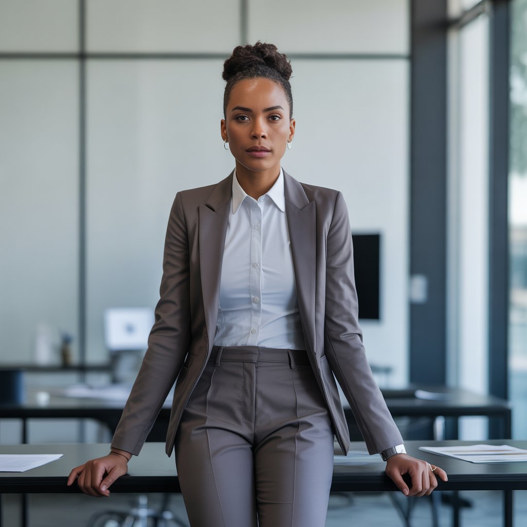 A person standing confidently in a modern office wearing fitted business clothes with a focused expression.