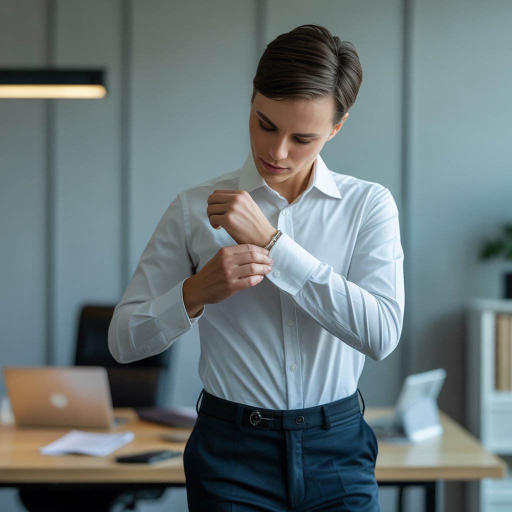 A person adjusting the crease lines on their pants and sleeves in an office environment.