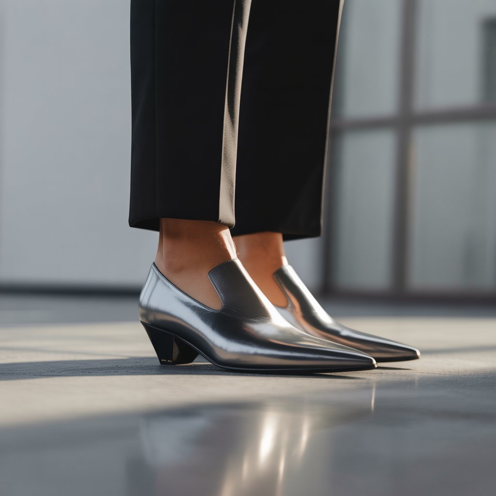 Close-up of a person's feet wearing sharply pointed black leather shoes standing on a smooth surface.
