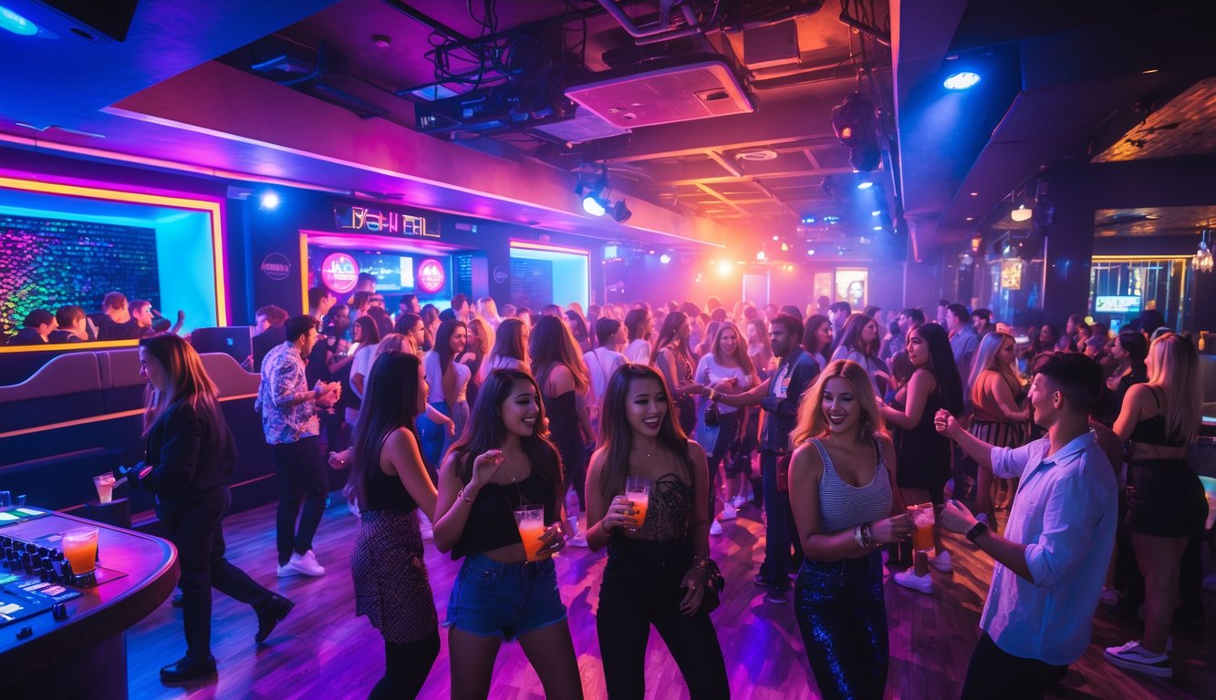 Suasana malam di klub malam favorit anak muda dengan banyak orang menari dan bersosialisasi di bawah lampu neon warna-warni.