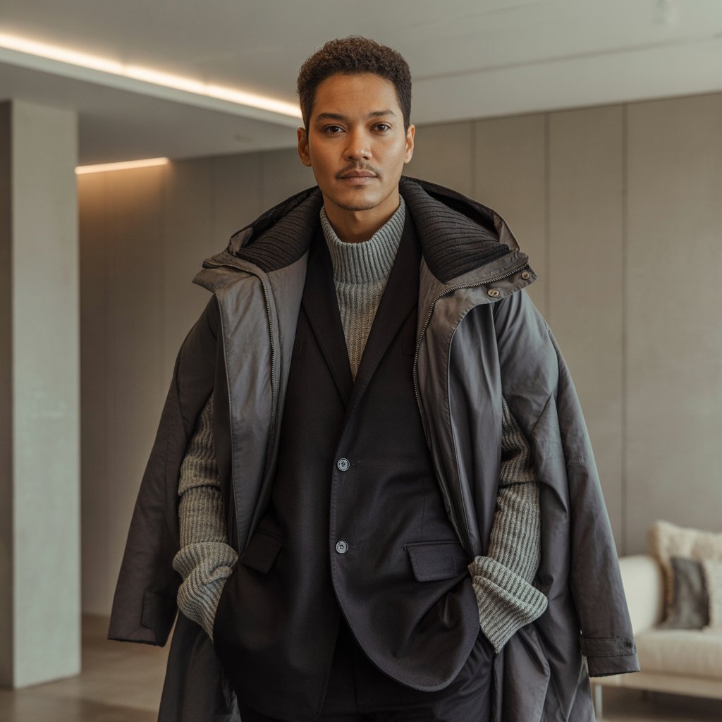 A person indoors wearing multiple heavy coats layered, standing confidently in a modern room.