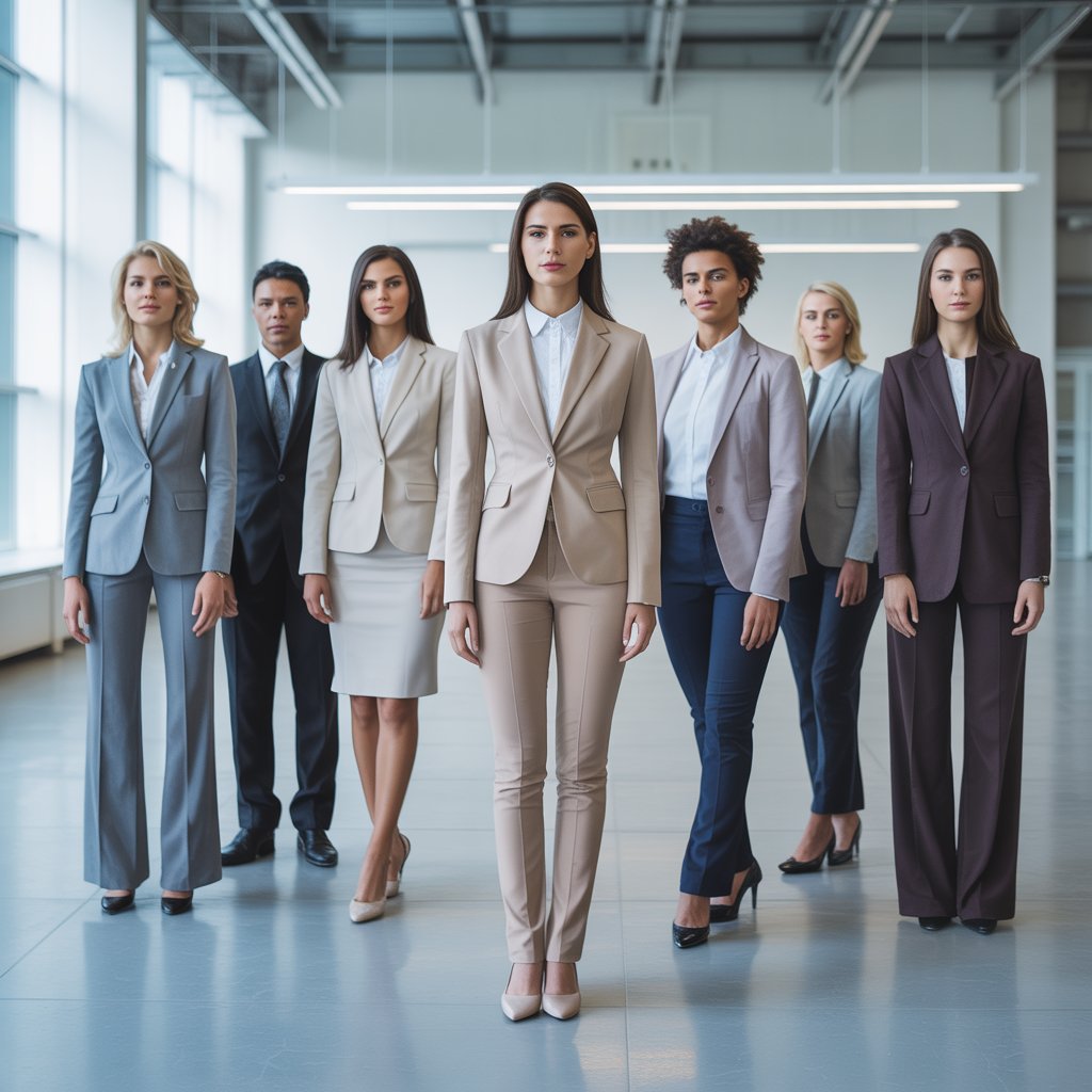 A group of adults wearing structured, non-stretch clothing in a bright office environment, standing and sitting with confident postures.