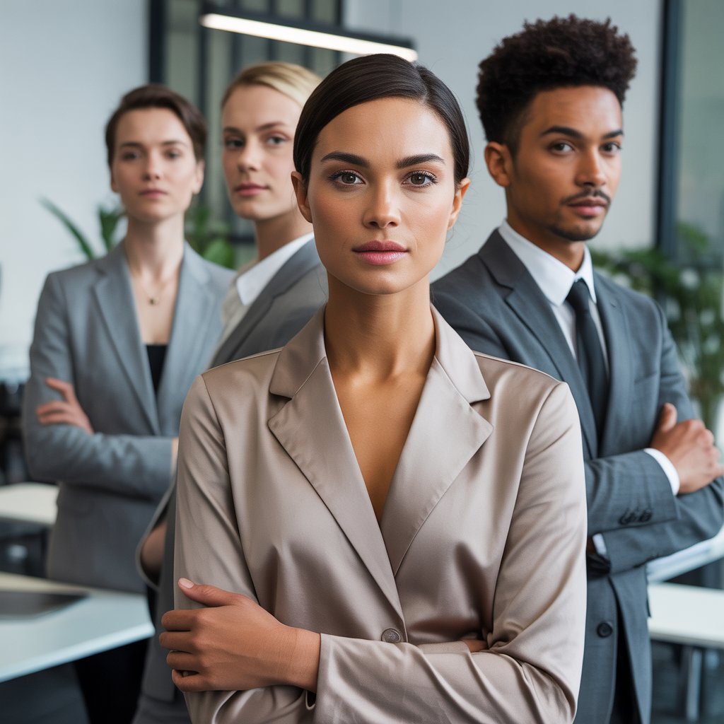 A group of adults in business clothing with stiff collars standing and sitting in a modern office setting.