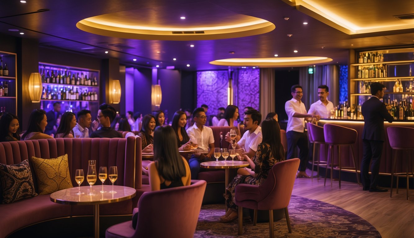 Suasana klub malam VIP di Indonesia dengan orang-orang berpakaian rapi menikmati minuman di area duduk yang mewah dan bar yang terang.