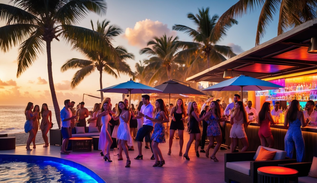 Sekelompok orang menikmati pesta di klub pantai mewah dengan latar belakang laut dan pepohonan palem di Bali saat matahari terbenam.