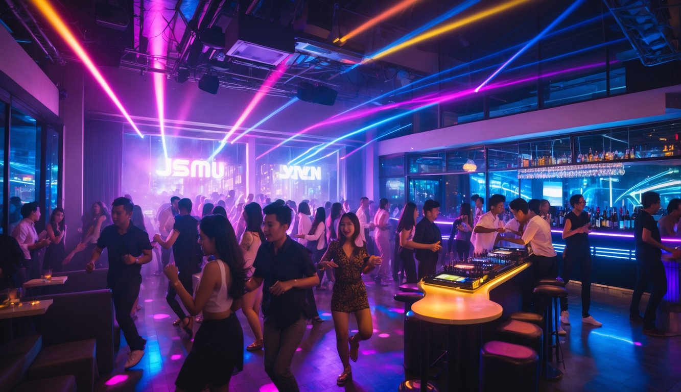Orang-orang muda menari dan bersenang-senang di dalam klub malam yang ramai dengan lampu warna-warni dan DJ yang sedang bermain musik.