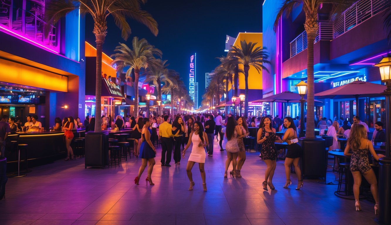 Suasana malam yang ramai di kawasan hiburan dengan lampu neon berwarna-warni dan orang-orang yang sedang bersosialisasi dan menikmati waktu di klub dan restoran.
