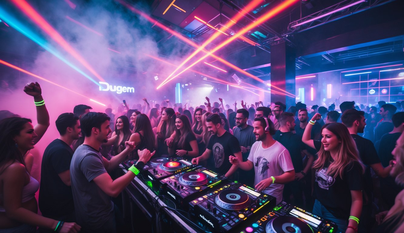 Kerumunan orang muda menari dan menikmati musik EDM di sebuah klub malam dengan lampu warna-warni dan DJ sedang memutar musik.