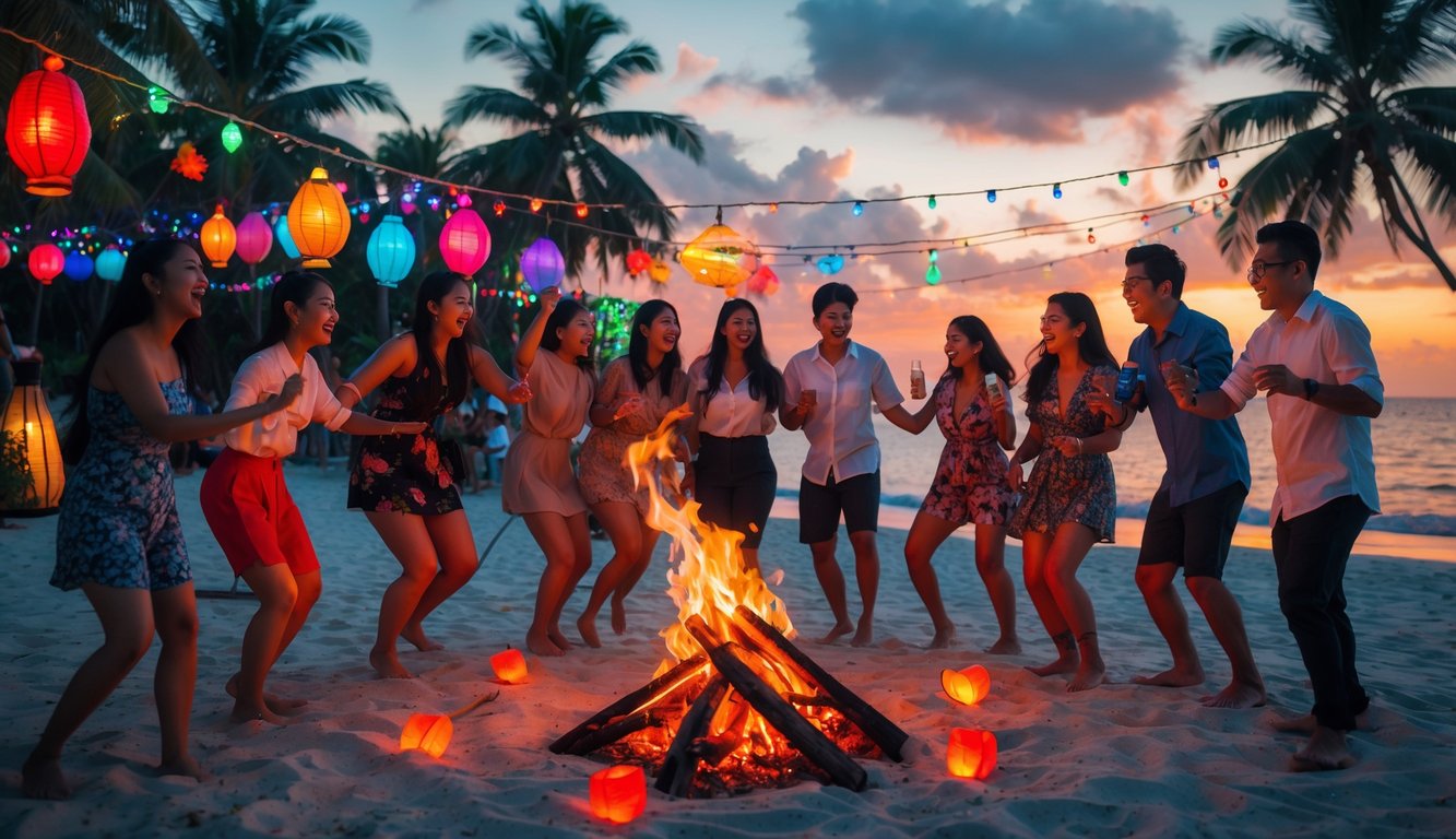 Sekelompok orang muda sedang berpesta di pantai tropis Indonesia saat matahari terbenam dengan lampu warna-warni dan api unggun di sekitar mereka.