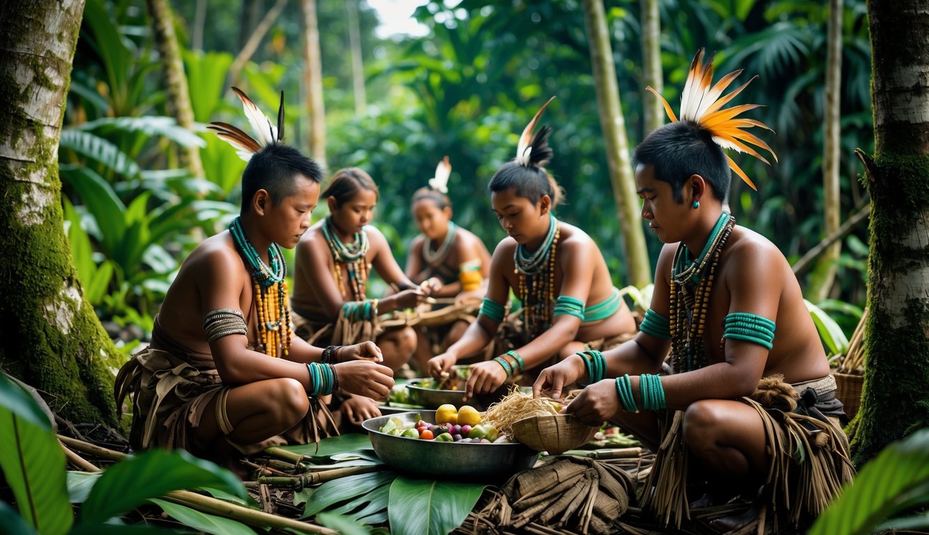 Beberapa anggota suku pedalaman Indonesia mengenakan pakaian tradisional di hutan tropis sedang melakukan aktivitas sehari-hari.