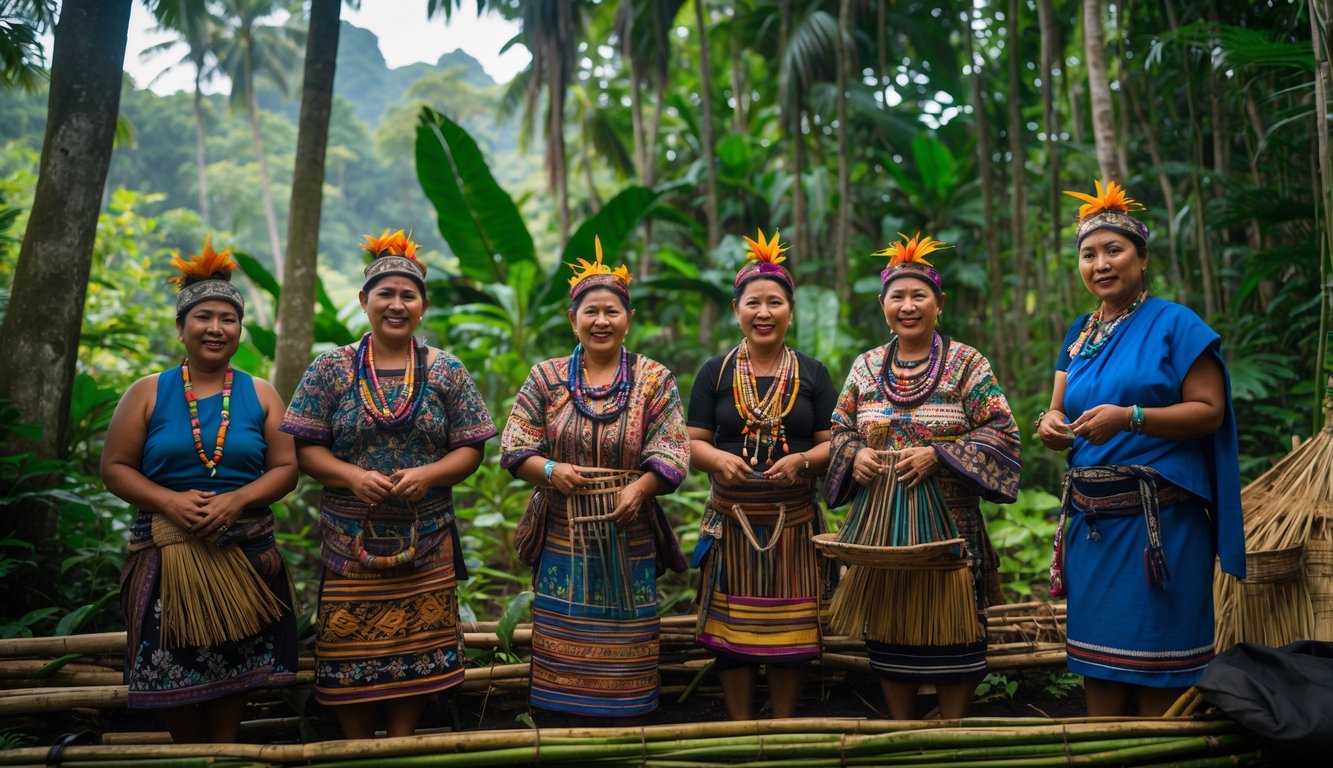 Sekelompok orang dari suku terasing Nusantara mengenakan pakaian tradisional di tengah hutan tropis yang rimbun.