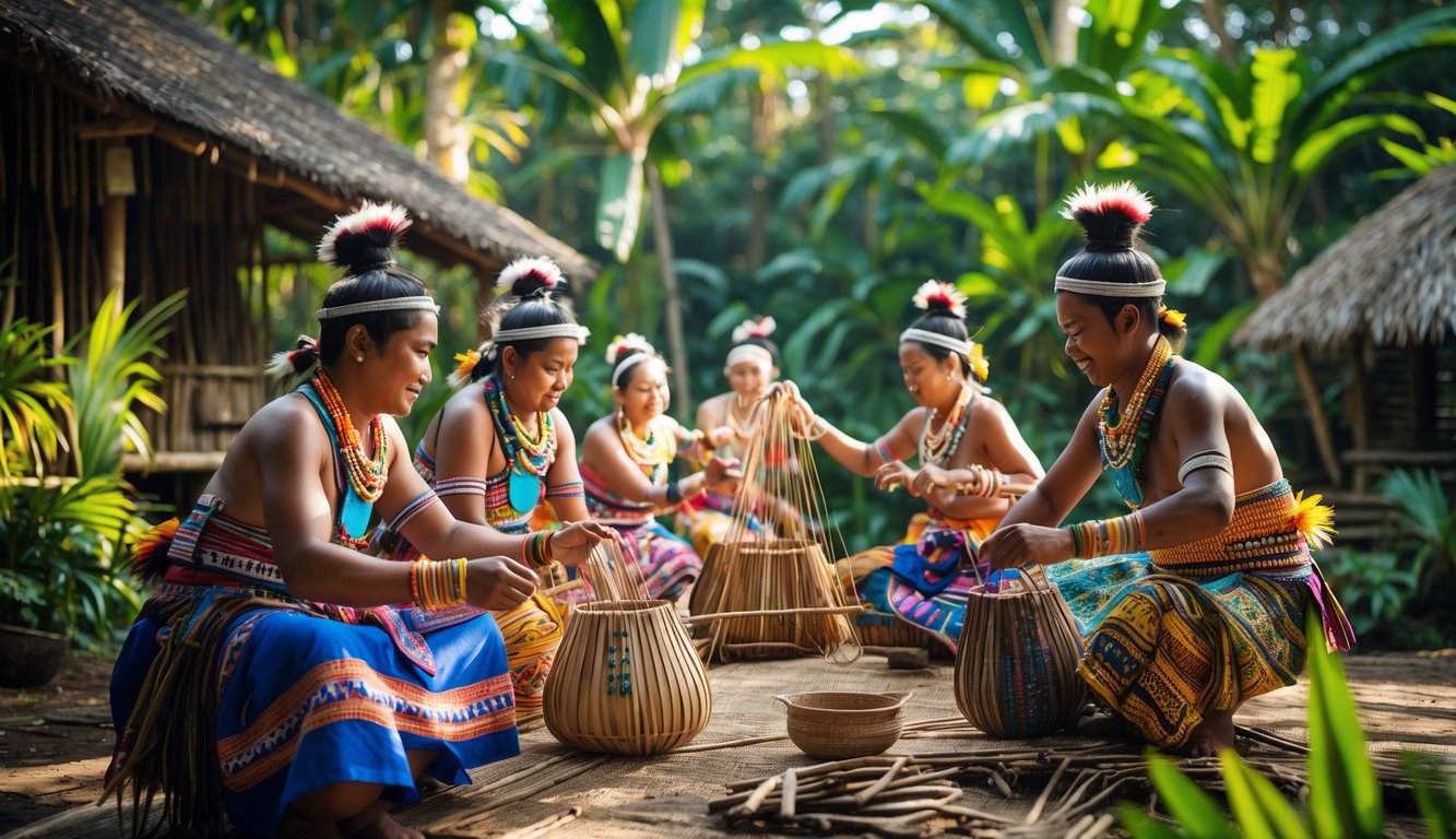 Sekelompok orang dari suku tradisional Indonesia sedang mengenakan pakaian adat dan melakukan aktivitas budaya di hutan tropis dengan rumah kayu di latar belakang.