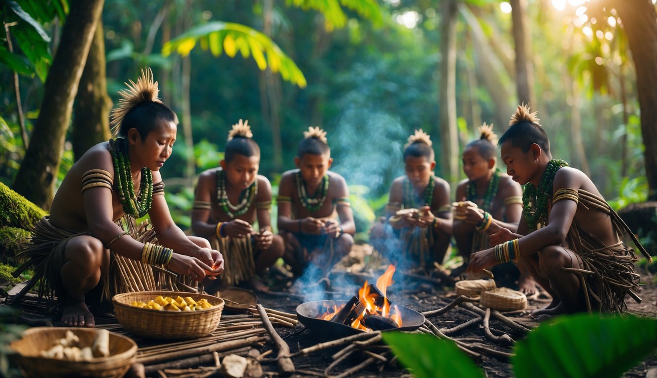 Beberapa anggota suku isolasi di Indonesia sedang melakukan aktivitas sehari-hari di tengah hutan tropis yang lebat.