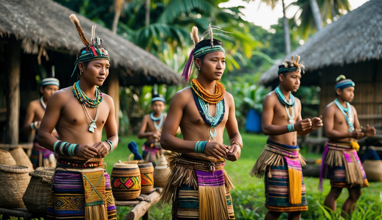 Beberapa anggota suku tradisional Indonesia langka mengenakan pakaian adat berwarna-warni di lingkungan alam dengan rumah kayu tradisional di latar belakang.