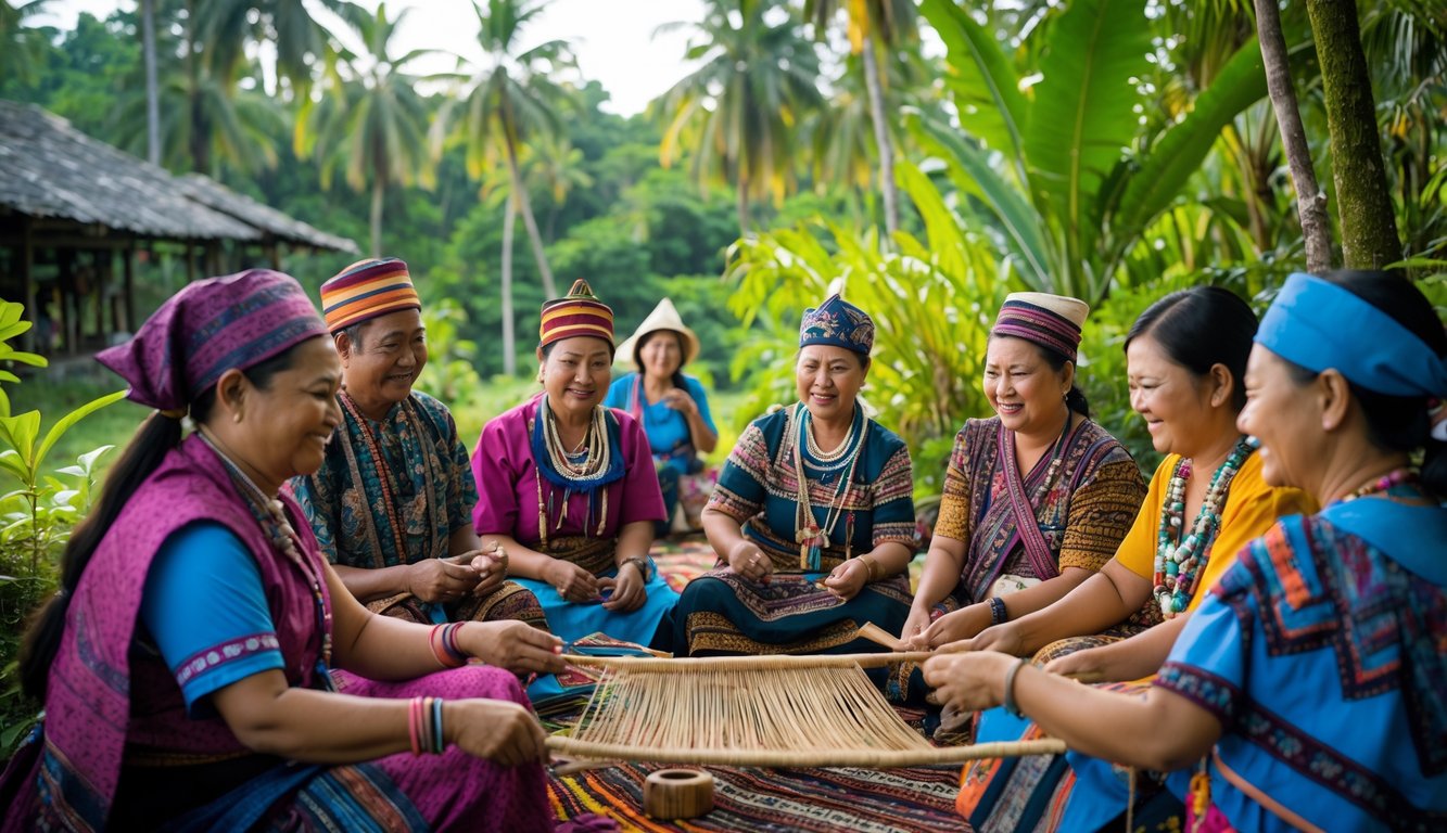 Sekelompok orang suku minoritas Indonesia mengenakan pakaian tradisional sedang berkumpul di luar ruangan di lingkungan alami yang hijau.