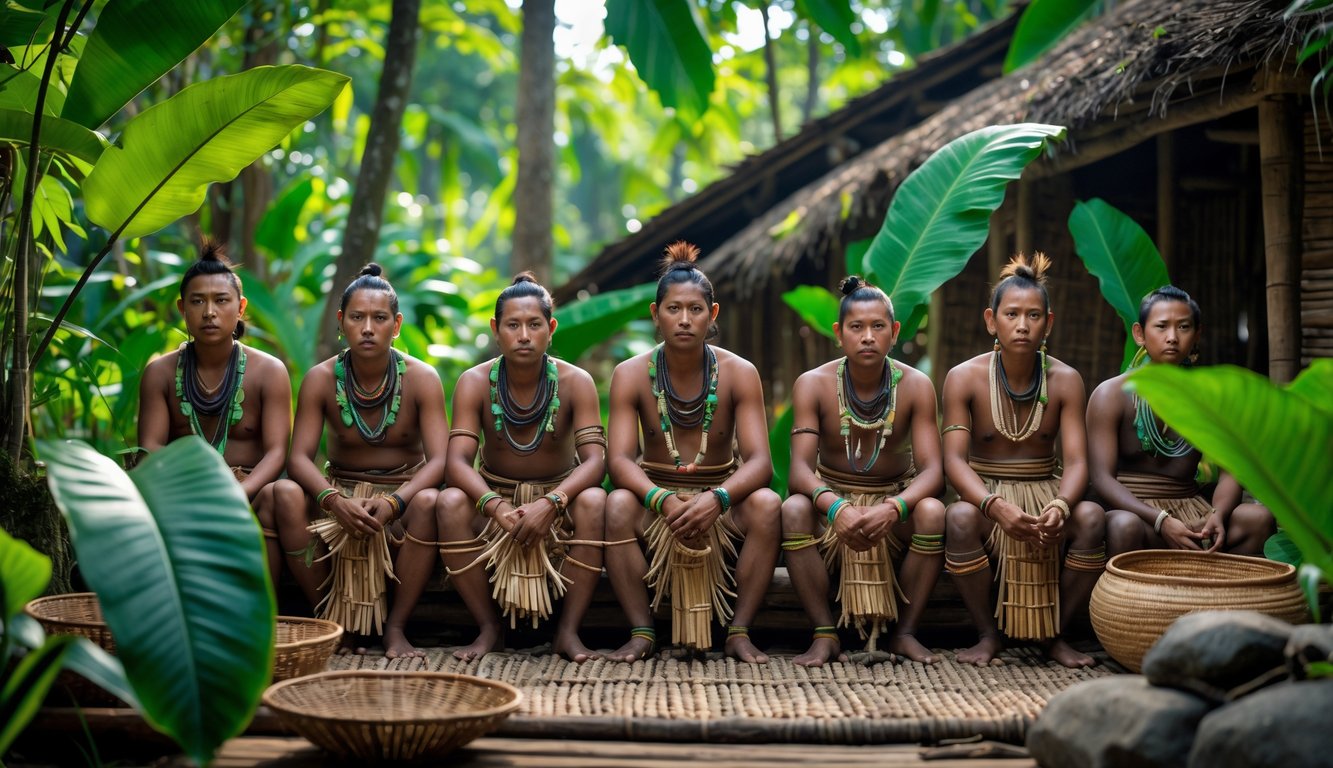 Sekelompok orang suku asli Nusantara berpakaian tradisional di hutan tropis dengan latar belakang tanaman hijau dan rumah kayu tradisional.