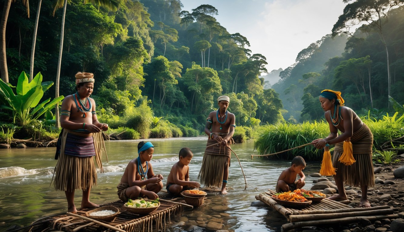 Sekelompok suku asli Indonesia mengenakan pakaian tradisional sedang melakukan aktivitas sehari-hari di hutan tropis yang rimbun tanpa adanya teknologi modern.