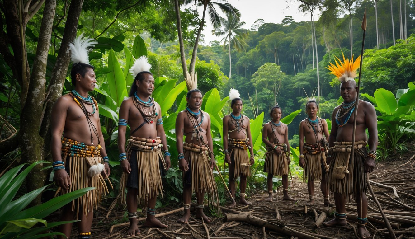 Beberapa anggota suku terpencil di Papua mengenakan pakaian tradisional di tengah hutan tropis yang rimbun.