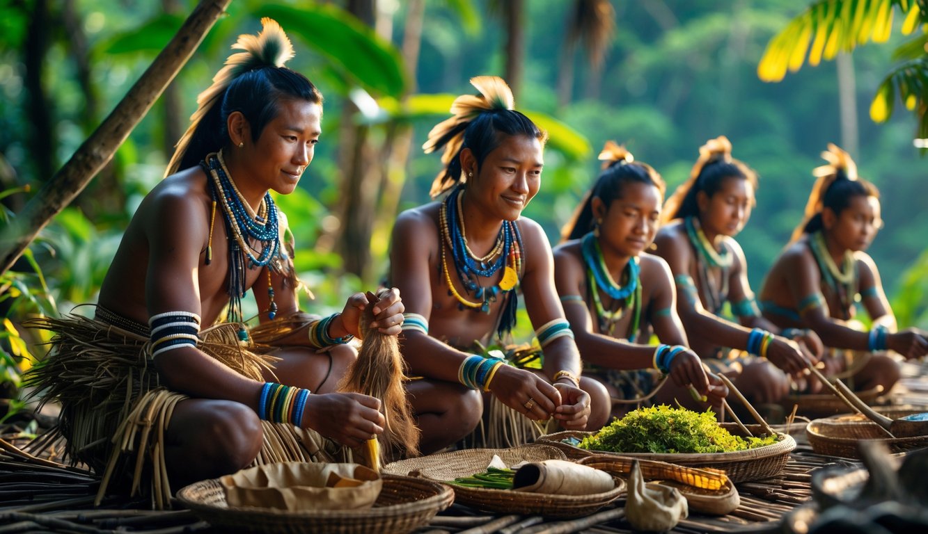 Beberapa anggota suku pribumi langka Indonesia mengenakan pakaian tradisional sedang melakukan aktivitas di hutan tropis.