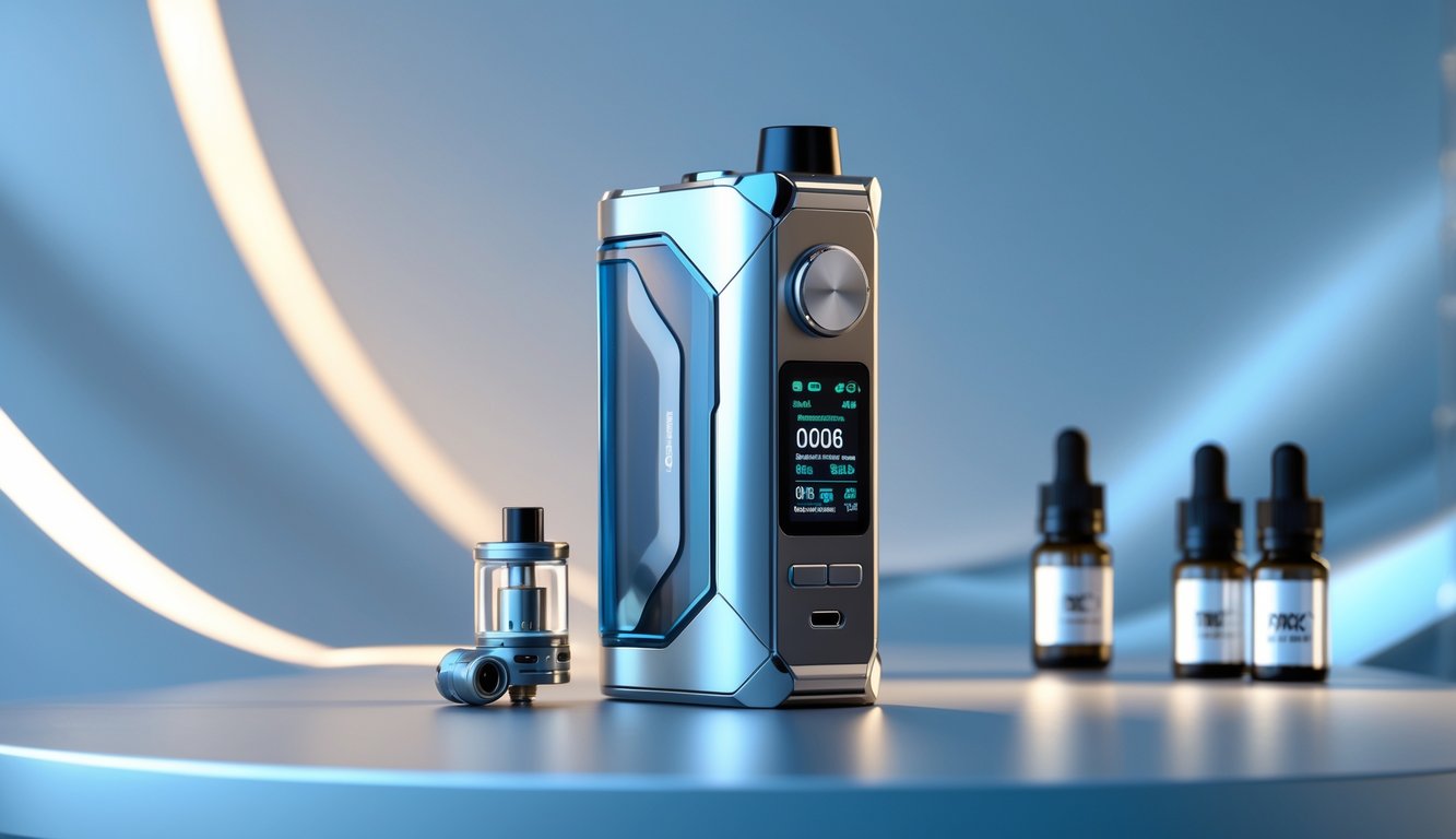 Perangkat vape terbaru tahun 2025 dengan desain modern dan tampilan digital, diletakkan di atas permukaan yang bersih dengan latar belakang minimalis.