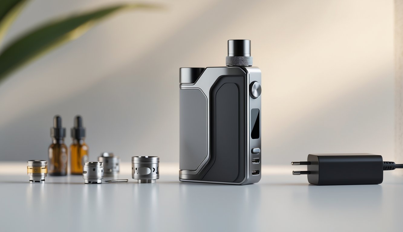 Sebuah perangkat vape mod modern ditempatkan di atas permukaan bersih dengan aksesori vape di sekitarnya.