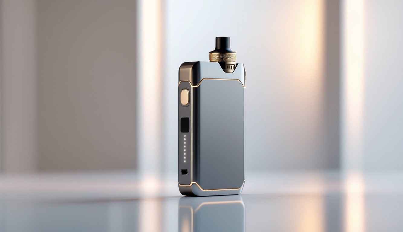 Sebuah perangkat vape MOD modern dan bergaya diletakkan di atas permukaan reflektif dengan latar belakang minimalis.