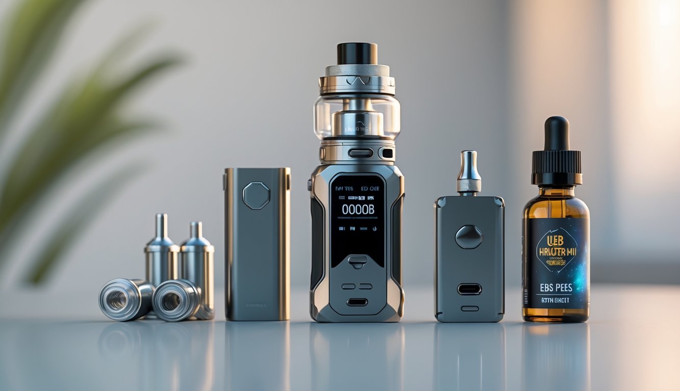 Sebuah kit vape MOD lengkap yang terdiri dari perangkat vape, tangki vape, kabel pengisi daya, dan botol cairan vape yang tertata rapi di atas permukaan bersih.