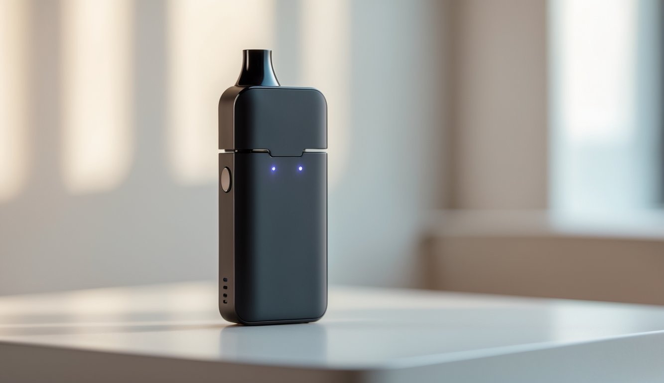 Foto perangkat vape portabel hitam yang diletakkan di permukaan bersih dengan latar belakang buram.