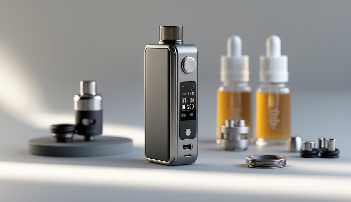 Sebuah perangkat vape MOD modern dengan komponen yang dapat disesuaikan diletakkan di atas permukaan bersih dengan latar belakang buram.