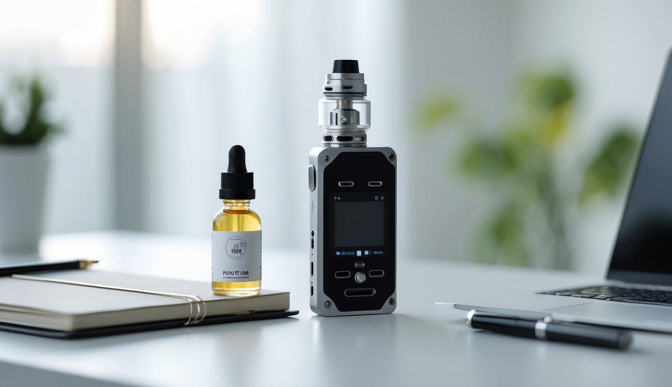 Perangkat vape mod untuk pemula diletakkan di atas meja dengan botol cairan vape dan alat tulis di latar belakang.