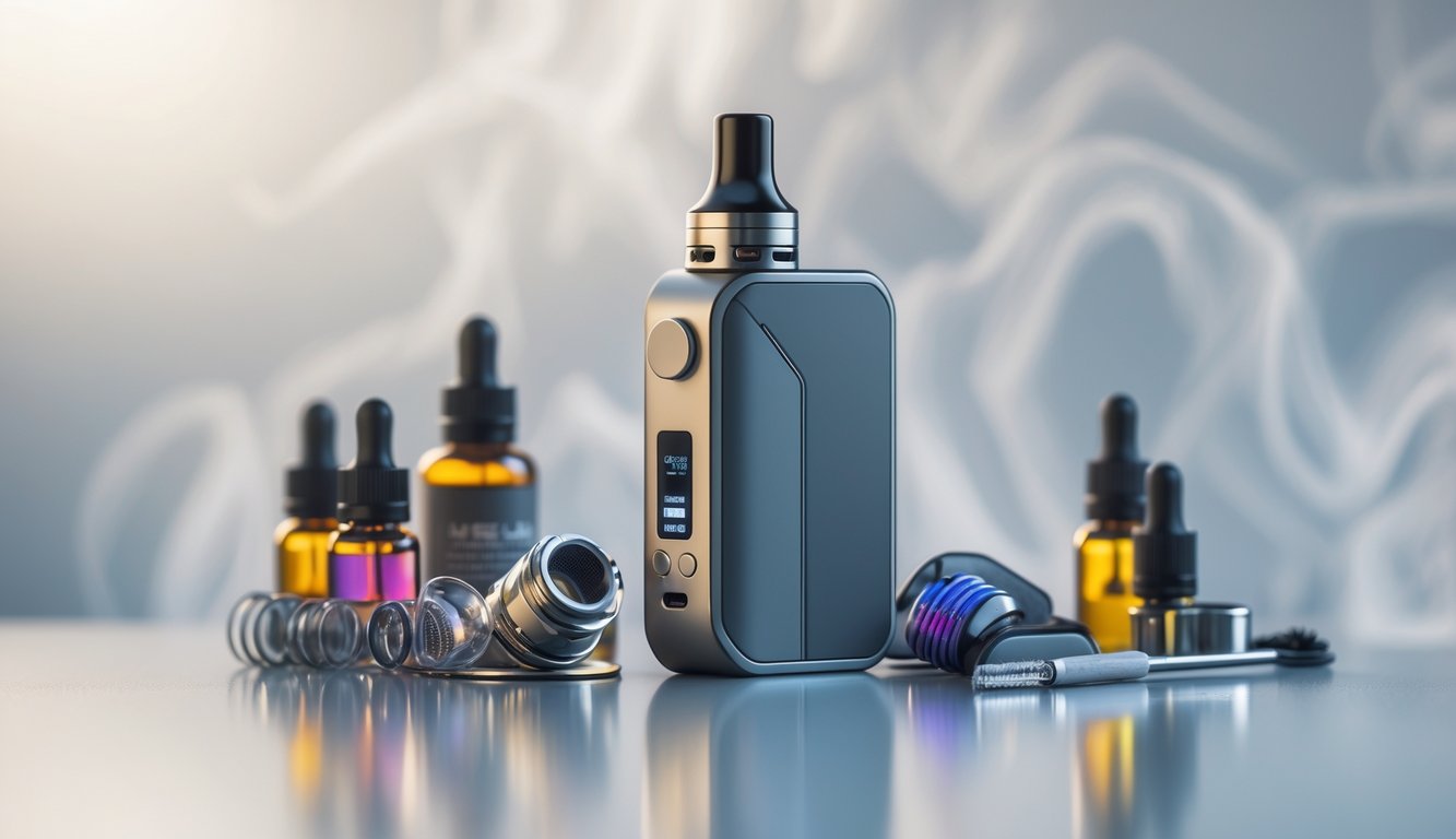 Perangkat vape modern dengan aksesori vape di atas permukaan bersih dan latar belakang buram.