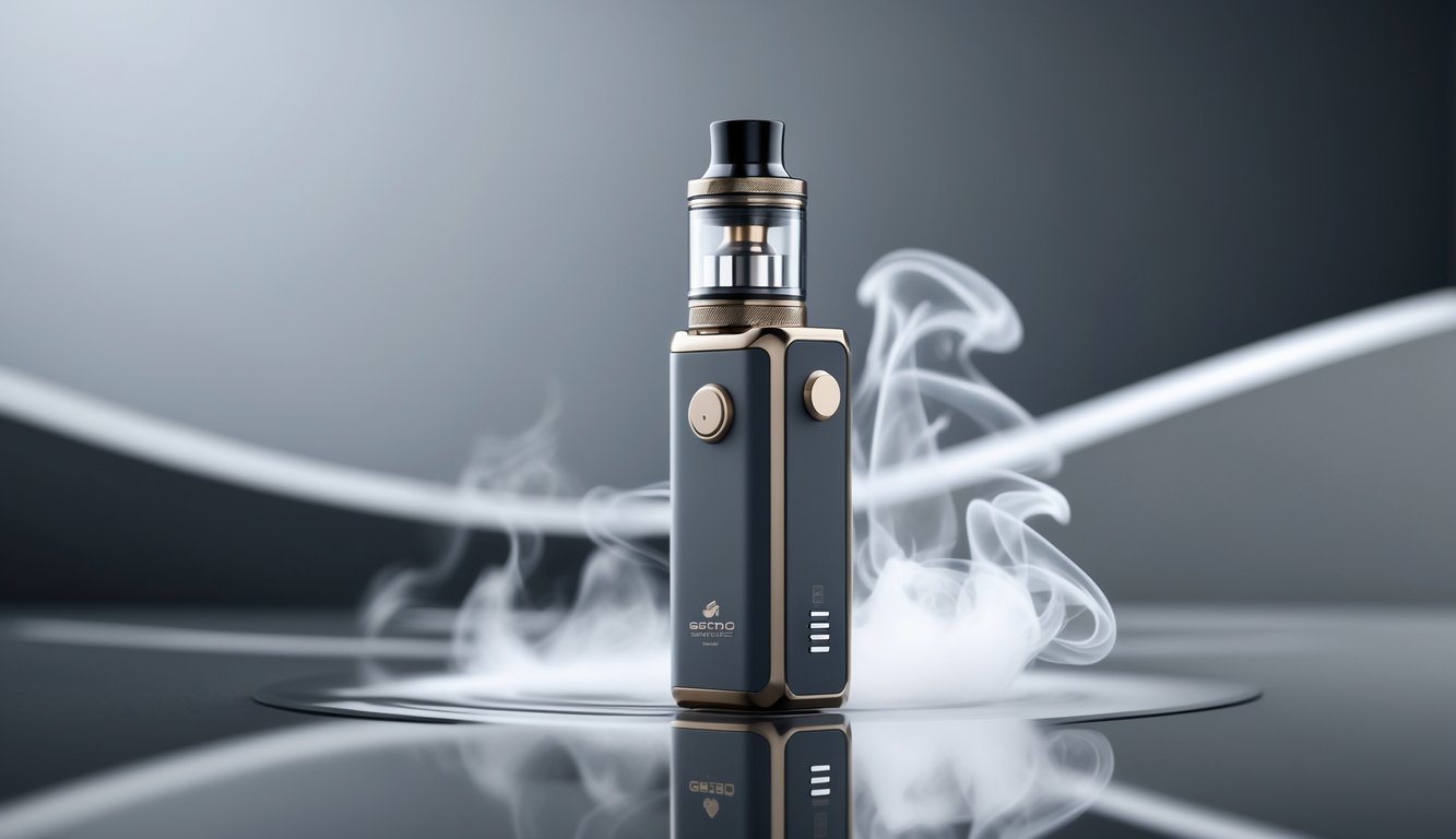 Perangkat vape modern berwarna gelap dengan uap halus di atas permukaan reflektif.