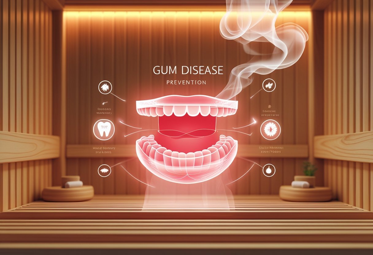A sauna interior with warm wooden walls and steam, alongside a transparent view of a mouth showing healthy gums with warm light effects symbolizing heat therapy for gum health.