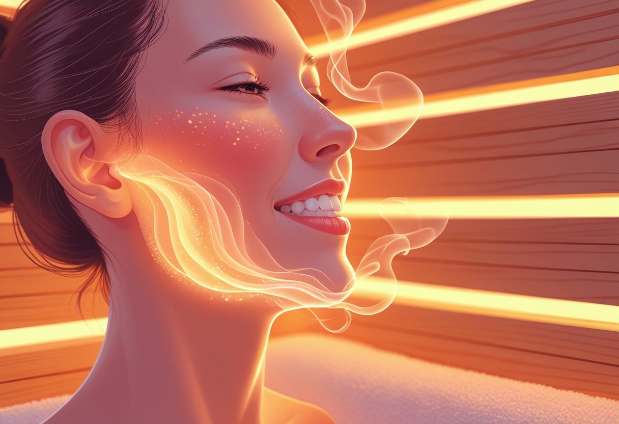 A side view of a person’s face focusing on healthy gums and teeth with warm, glowing waves around the mouth, set against a softly lit sauna background.