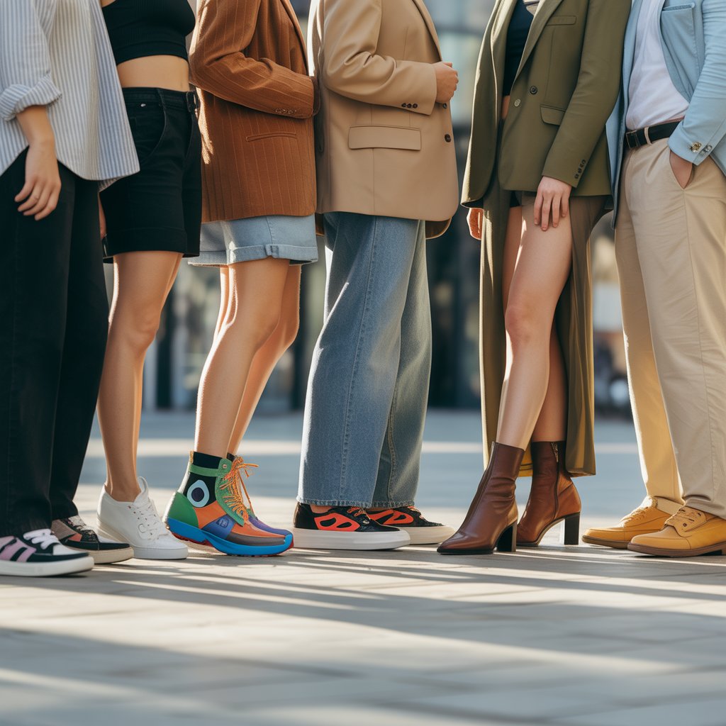 A group of people standing outdoors showing their diverse and colorful footwear.