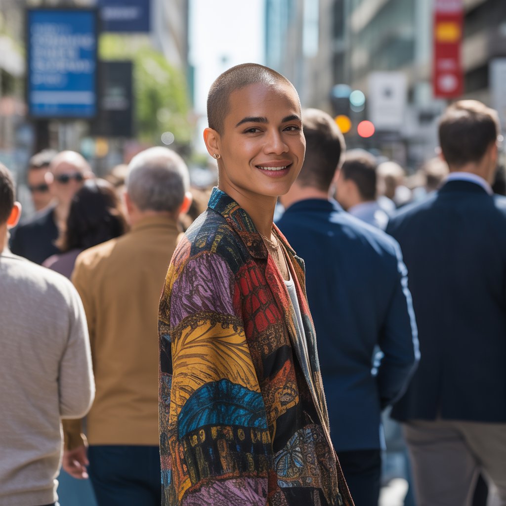 A confident person wearing bright patterned clothes stands among a crowd of people dressed in neutral colors in a city street.