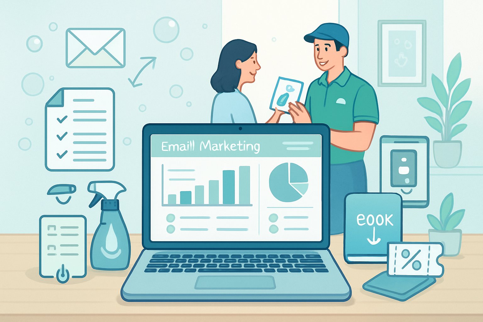 A workspace with a laptop showing an email marketing dashboard, surrounded by icons representing lead magnets, while a cleaning professional hands a flyer to a customer.