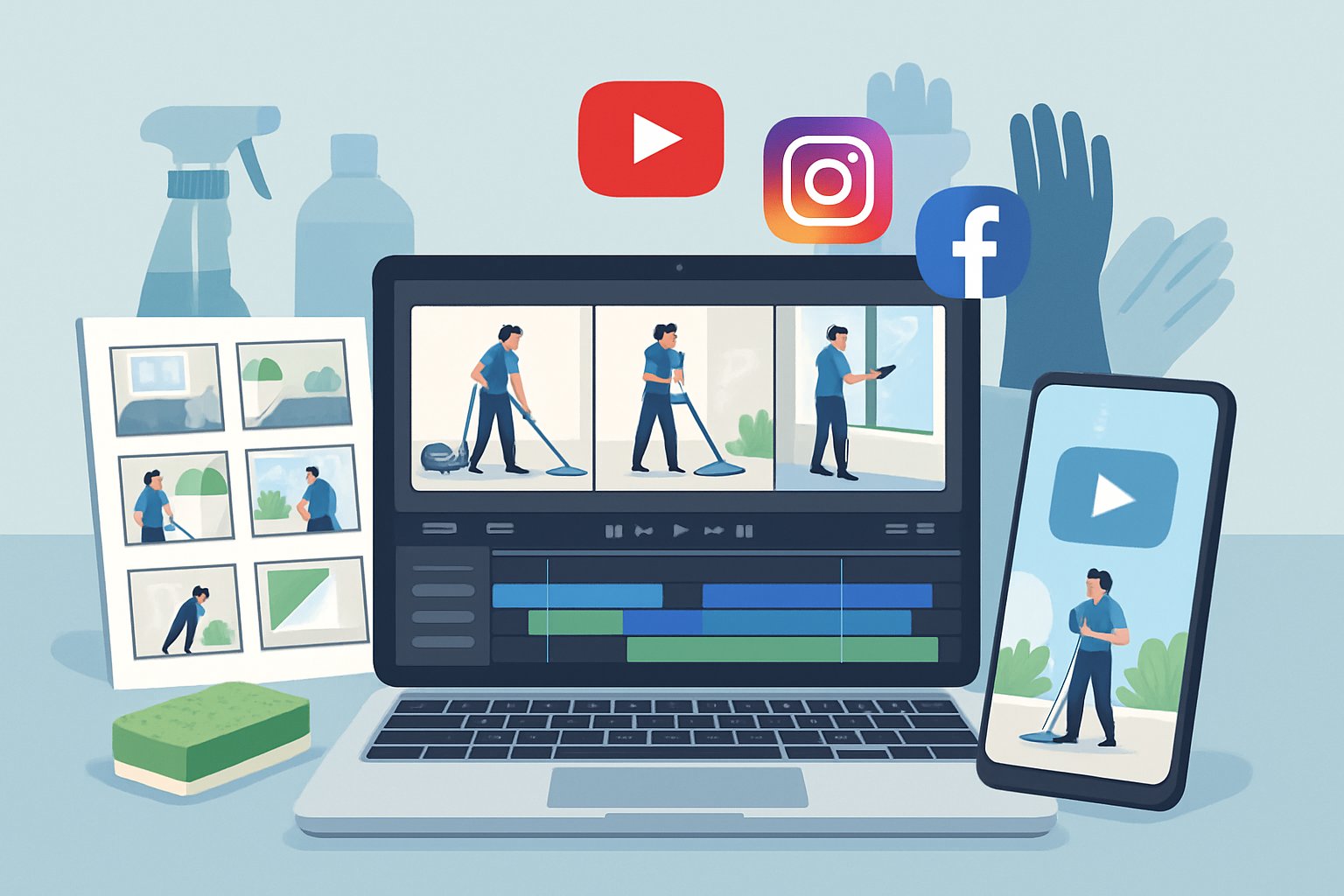 A workspace with a laptop showing video editing of cleaning scenes, surrounded by cleaning tools and social media icons.