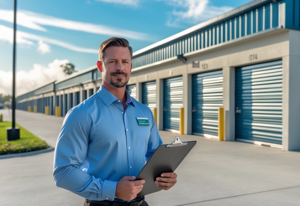 A business owner inspecting a modern self storage facility with multiple storage units and secure locks under a blue sky.