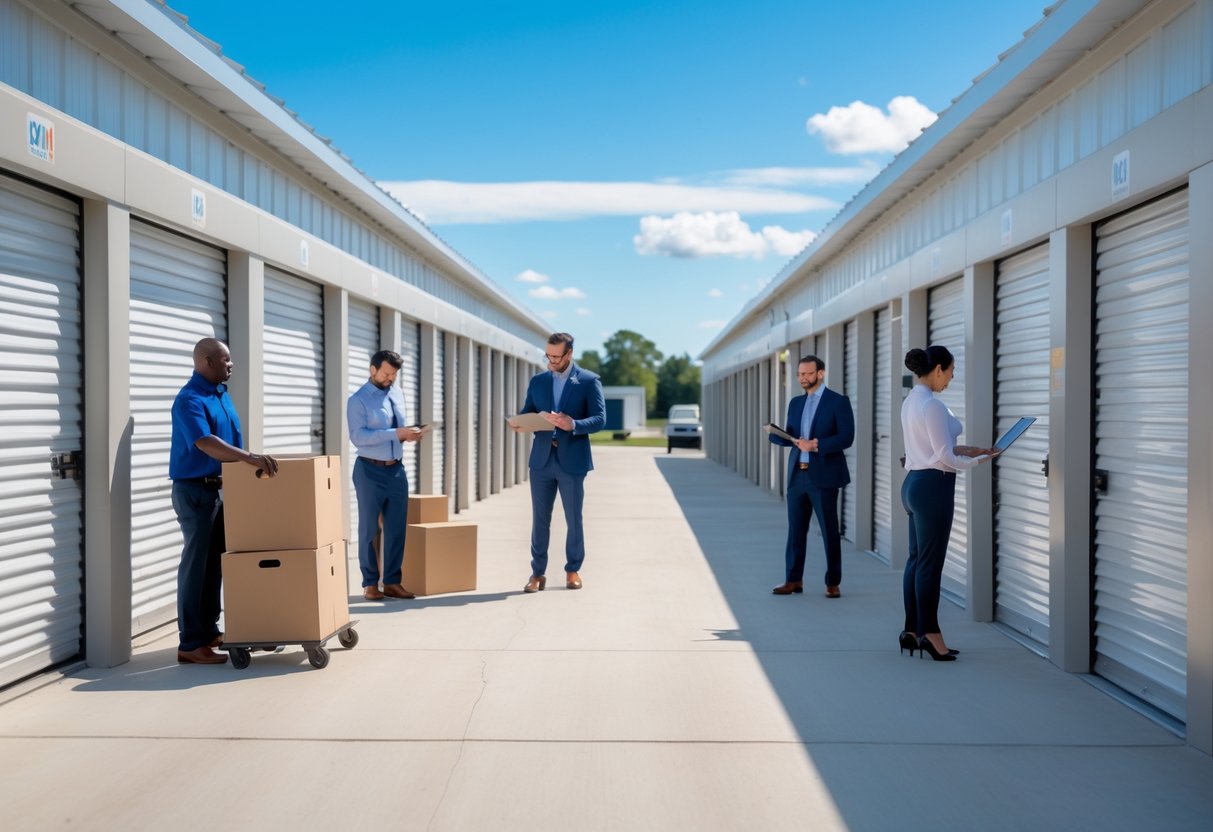 Business owners using a clean self storage facility with multiple storage units in Monroe, Louisiana.