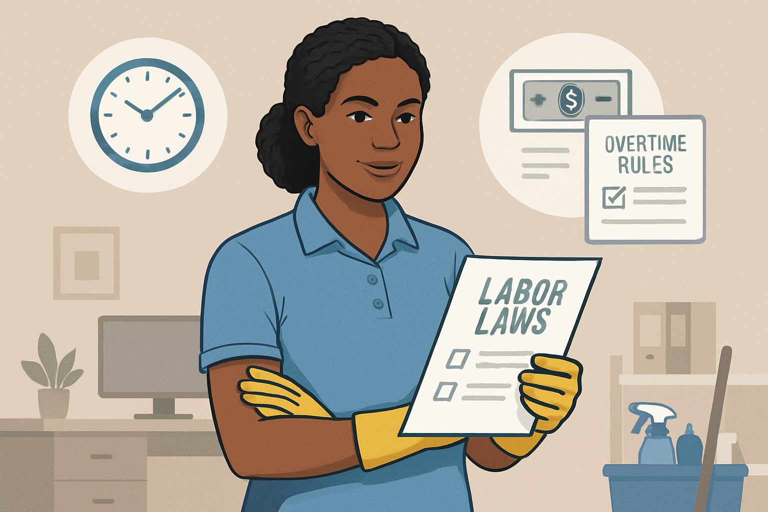A cleaning business owner reviewing documents about labor laws in an office with cleaning supplies nearby.