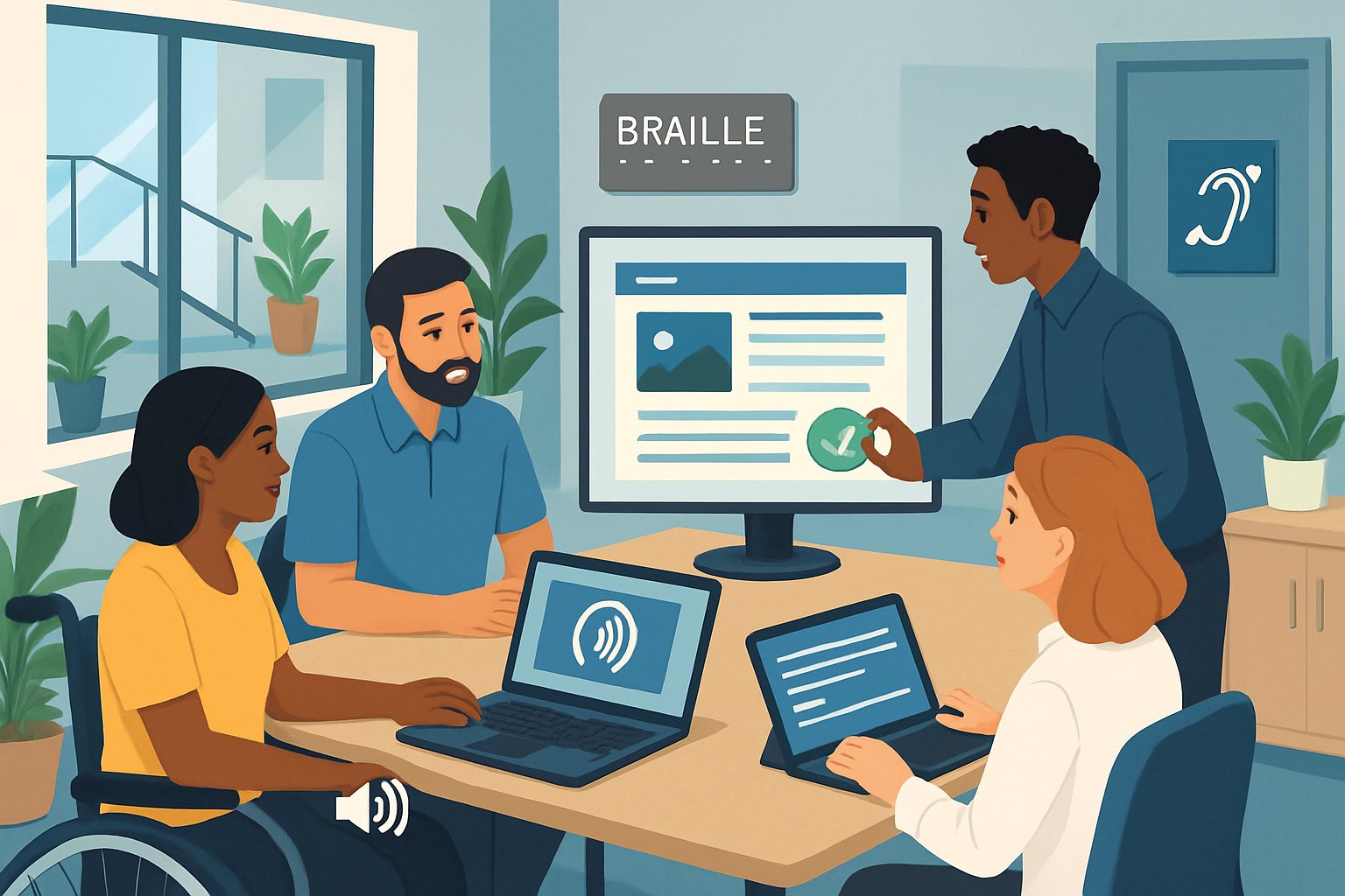 Employees working together in a cleaning business office with accessibility features like a wheelchair ramp, braille signage, and a laptop showing an accessible website.