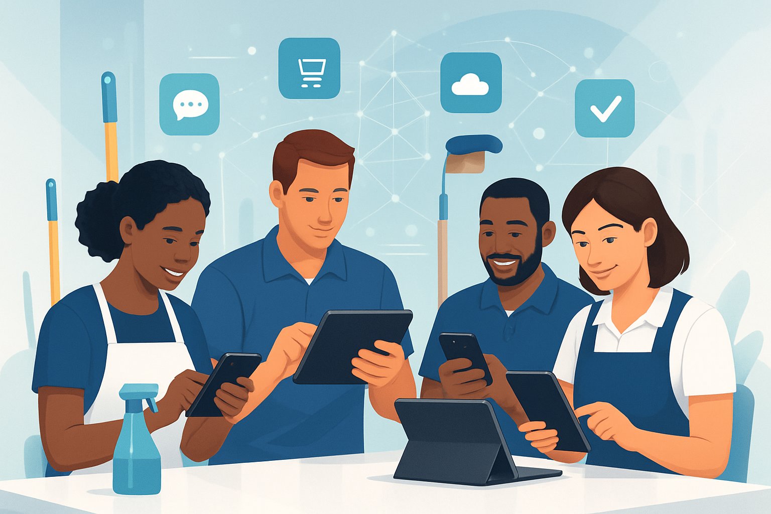 A group of cleaning business owners using smartphones and tablets surrounded by digital icons and cleaning equipment, representing mobile app tools for their work.