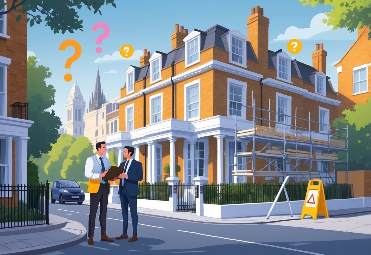 A homeowner and a contractor talking outside a London townhouse with scaffolding and construction materials around them.