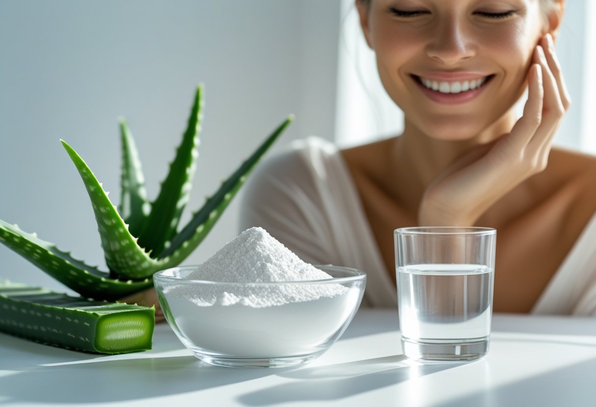 A close-up of a bowl of white collagen powder next to aloe vera and a glass of water, with a woman gently touching her smooth skin in the background.