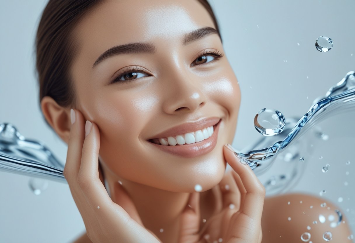 Close-up of a smiling woman gently touching her glowing, hydrated skin with water droplets and collagen molecules subtly visible in the background.