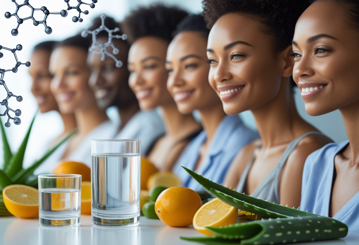 Close-up of healthy people with glowing skin next to a glass of collagen peptide powder and natural ingredients symbolizing skin hydration and wellness.